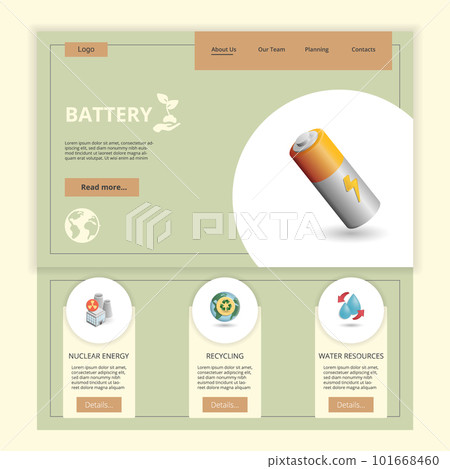 Battery flat landing page website template. Nuclear energy, recycling, water resources. Web banner with header, content and footer. Vector illustration. 101668460