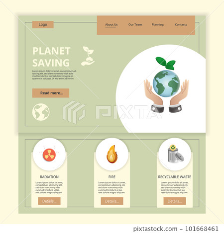 Planet saving flat landing page website template. Radiation, fire, recyclable waste. Web banner with header, content and footer. Vector illustration. 101668461