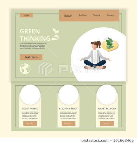 Green thinking flat landing page website template. Solar pannel, electric energy, planet ecology. Web banner with header, content and footer. Vector illustration. Green thinking flat landing page website template. Solar pannel, electric energy, planet ecology. Web banner with header, content and footer. Vector illustration. 101668462