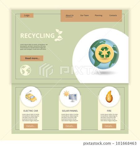 Recycling flat landing page website template. Electric car, solar pannel, fire. Web banner with header, content and footer. Vector illustration. Recycling flat landing page website template. Electric car, solar pannel, fire. Web banner with header, content and footer. Vector illustration. 101668463