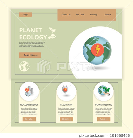 Planet ecology flat landing page website template. Nuclear energy, eletricity, planet helping. Web banner with header, content and footer. Vector illustration. Planet ecology flat landing page website template. Nuclear energy, eletricity, planet helping. Web banner with header, content and footer. Vector illustration. 101668466