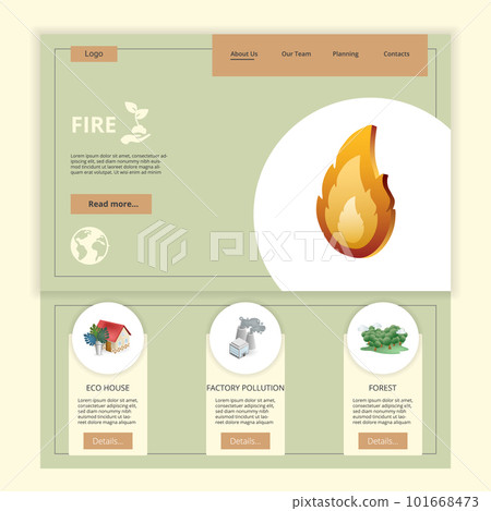 Fire flat landing page website template. Eco house, factory pollution, forest. Web banner with header, content and footer. Vector illustration. 101668473