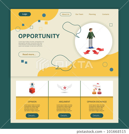 Opportunity flat landing page website template. Opinion, argument, opinion exchange. Web banner with header, content and footer. Vector illustration. Opportunity flat landing page website template. Opinion, argument, opinion exchange. Web banner with header, content and footer. Vector illustration. 101668515
