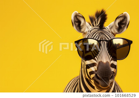A close-up of a funny zebra wearing sunglasses, black and white stripes and trendy accessories on full display. A unique and exotic African mammal with a playful personality. AI Generative. 101668529