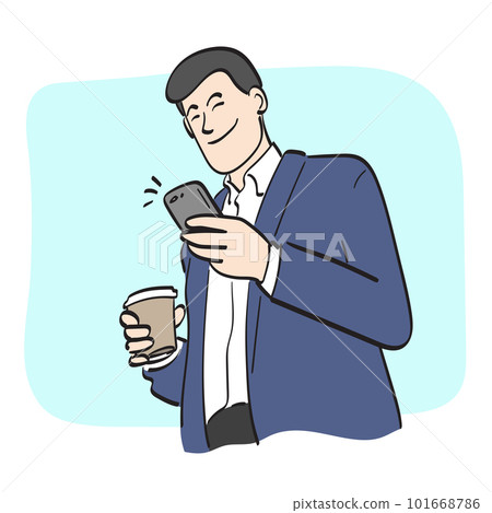 line art businessman using smartphone and holding takeaway hot coffee cup illustration vector hand drawn isolated on white background 101668786