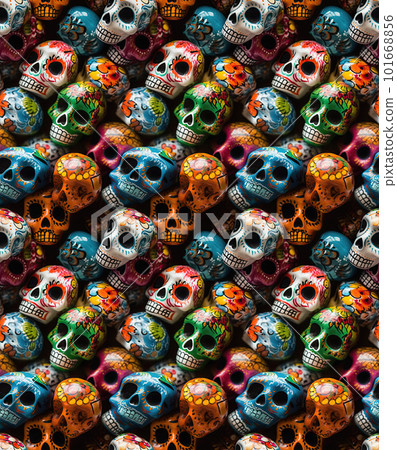 AI generated pattern of colorful skulls with different colors. Halloween background AI generated pattern of colorful skulls with different colors. Halloween background 101668856