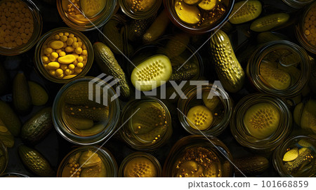 AI generated Jars with pickled vegetables in the kitchen. Preserved food AI generated Jars with pickled vegetables in the kitchen. Preserved food 101668859