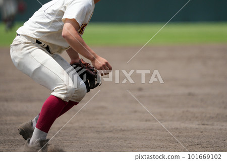 Infielder guarding third base during a baseball game 101669102