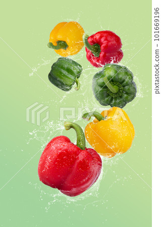 Red Bell Pepper Green Bell Pepper and Yellow Bell Pepper on a Green background 101669196