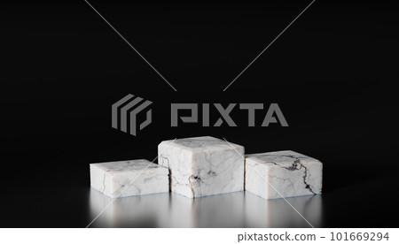 White marble stone plate cosmetic podium. space and blank rock stage stand on pedestal backdrop with natural marble show scene. black background. Blank product shelf standing backdrop 101669294