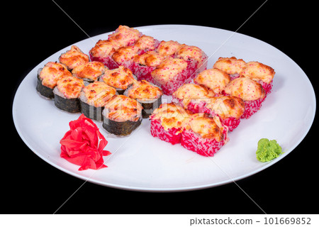 Japanese Cuisine - Sushi Roll with Shrimps and Conger, Avocado, Tobiko and Cheese. sushi rolls tempura,japanese food style ,Traditional Japanese cuisine, Crunchy Shrimp Tempura Roll 101669852