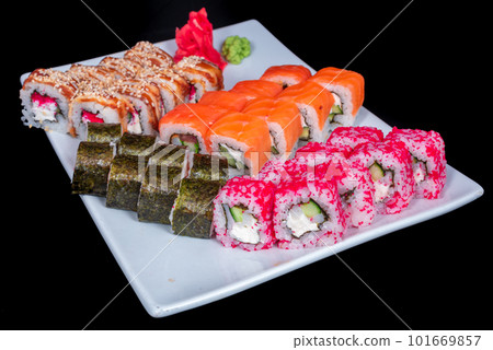 Japanese Cuisine - Sushi Roll with Shrimps and Conger, Avocado, Tobiko and Cheese. sushi rolls tempura,japanese food style ,Traditional Japanese cuisine, Crunchy Shrimp Tempura Roll 101669857