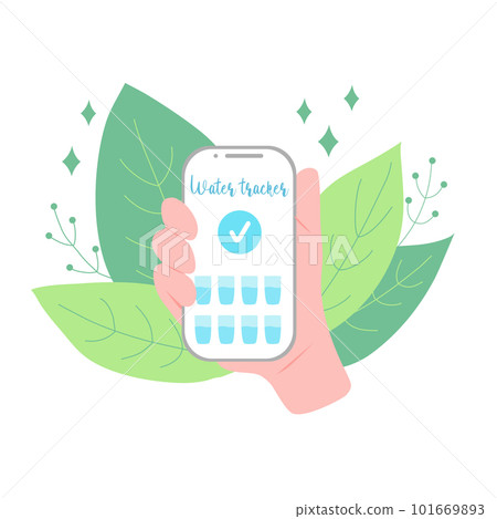 Hand holding phone with water tracker app, leaves on background, stay hydrated concept, vector 101669893
