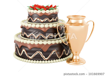 Chocolate Cake with gold trophy cup award, 3D rendering 101669907