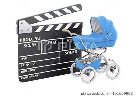 Clapperboard with baby stroller, 3D rendering 101669908