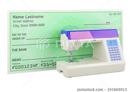 Electronic sewing machine with blank bank check. 3D rendering 101669913