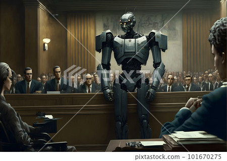 Anthropomorphic robot in human court, neural network generated art, AI law concept 101670275