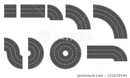 Set of gray section of road with three lanes separated by dashed line isolated on white. Road constructor. Clipart. Set of gray section of road with three lanes separated by dashed line isolated on white. Road constructor. Clipart. 101670594