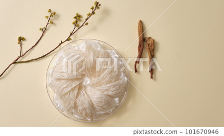 Top view of raw bird nest neatly arranged in tray, red ginseng on white background. Precious healthy food, popular in Korea, China and Asia 101670946