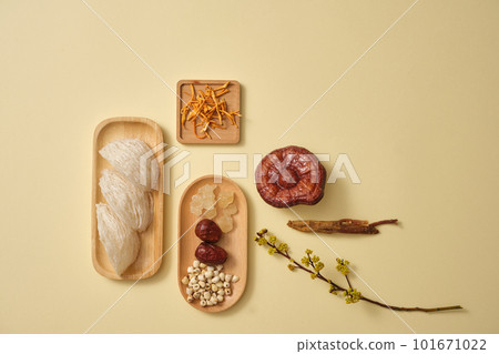 Bird nest placed on a wooden plate and next to it is cordyceps, lingzhi mushroom, ginseng and a dish of herbs, decorated with flower branch. A luxury combination for health, body and skin 101671022