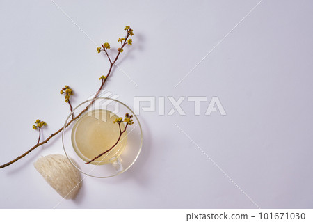 A glass transparent cup containing bird nest soup, decorated with an edible bird nest and flower branches. Bird nest can enhance disease prevention system. Blank space to display product 101671030