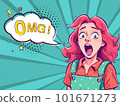 Surprised young pretty girl with open mouth in cartoon style and OMG speech bubble.  101671273