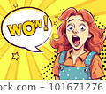 Surprised young pretty girl with open mouth in cartoon style and Wow speech bubble. 101671276