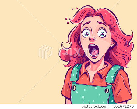 Colorful cartoon character of a young girl with an open mouth showing surprise and excitement. 101671279