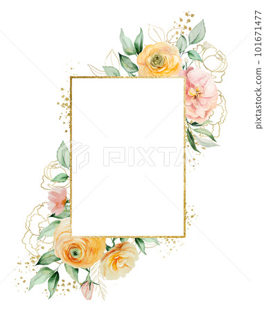 Frame with orange and yellow watercolor flowers and green leaves, isolated wedding illustration 101671477