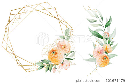Frame and bouquet made with orange and yellow watercolor flowers, isolated wedding illustration 101671479