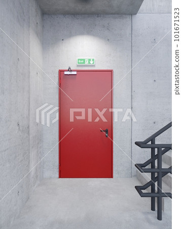 Fire exit  red metal door in concrete sapce  building . 3d rendering 101671523