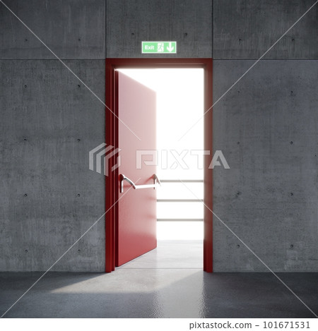 Fire exit red door in concrete sapce building. 3d rendering Fire exit red door in concrete sapce building. 3d rendering 101671531