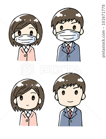 Illustration of men and women with and without masks Illustration of men and women with and without masks 101671778