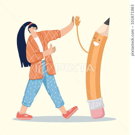cute cartoon girl high fives big pencil. Flat design style vector illustration 101671863