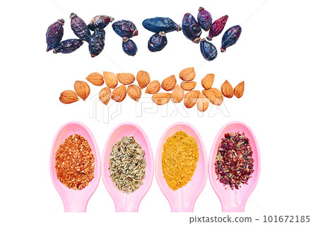 Set of various delicious healthy fragrant spices for cooking,drink,tea,cosmetic 101672185
