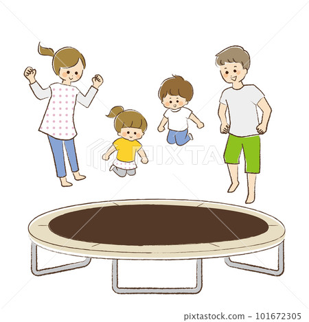 Family playing on one trampoline Family playing on one trampoline 101672305