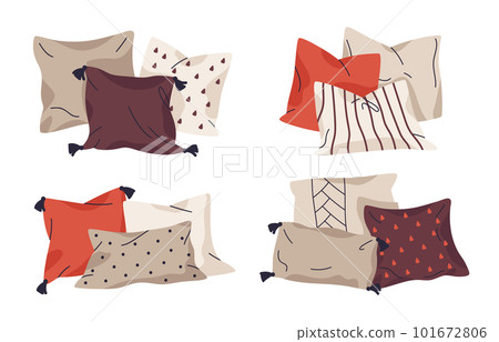 Cozy sofa cushions. Home decor pillows, textile interior pillows. Decorative soft pillows flat vector illustration set on white background 101672806