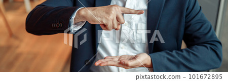 Businessman have a business meeting via video call and communicates using sign language in cafe 101672895