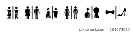 Restroom or bathroom for man and woman to peeing. Funny vector WC pictogram icon or sign. World toilet day. Stickman bath room. Unisex. Clean the toilets Restroom or bathroom for man and woman to peeing. Funny vector WC pictogram icon or sign. World toilet day. Stickman bath room. Unisex. Clean the toilets 101673083