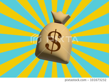 Image illustration of a 3DCG dollar bag and a light blue and yellow radial background 101673232