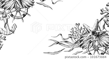 Marine animals with anchor, rudder and lifebuoy. Illustration of hand drawn graphics, vector in EPS format. Template, frame on white background. Marine animals with anchor, rudder and lifebuoy. Illustration of hand drawn graphics, vector in EPS format. Template, frame on white background. 101673884