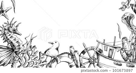 Marine animals with a fishing boat, a steering wheel and a life buoy. Illustration of hand drawn graphics, vector in EPS format. Template, frame on a white background. Marine animals with a fishing boat, a steering wheel and a life buoy. Illustration of hand drawn graphics, vector in EPS format. Template, frame on a white background. 101673897