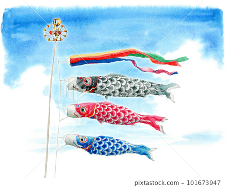 Analog watercolor 3 carp streamers swimming in the blue sky and a streamer 101673947