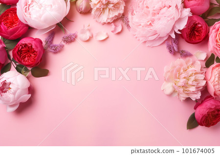 Peonies, roses on pink background with copy space. Abstract natural floral frame layout with text space. Romantic feminine composition. Wedding invitation. International Women day, Mother Day concept Peonies, roses on pink background with copy space. Abstract natural floral frame layout with text space. Romantic feminine composition. Wedding invitation. International Women day, Mother Day concept 101674005