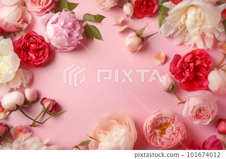 Peonies, roses on pink background with copy space. Abstract natural floral frame layout with text space. Romantic feminine composition. Wedding invitation. International Women day, Mother Day concept Peonies, roses on pink background with copy space. Abstract natural floral frame layout with text space. Romantic feminine composition. Wedding invitation. International Women day, Mother Day concept 101674012