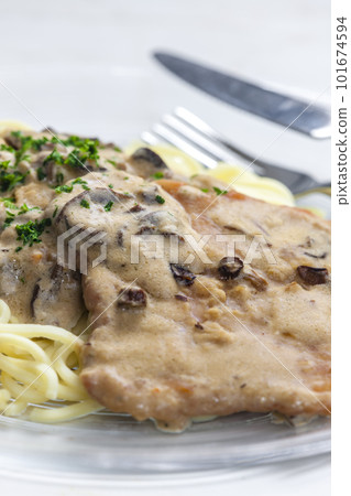 pork filet with mushroom sauce served with spatzles 101674594