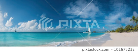 Beautiful tropical beach with white sand, palm trees and a yacht in the sea 101675232