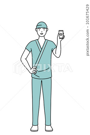Male hospitalized patient using a smartphone at work Male hospitalized patient using a smartphone at work 101675429