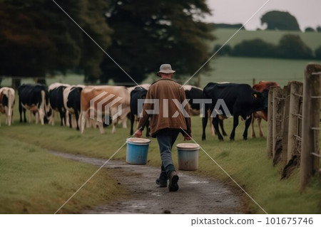 farmer against the background of a herd of cows with cans of milk 101675746