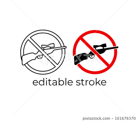 Hunting is prohibited, prohibition sign, editable stroke, silhouette and linear design. Forbidden sign  and symbol, hunting rifle with a scope, vector design and illustration 101676370